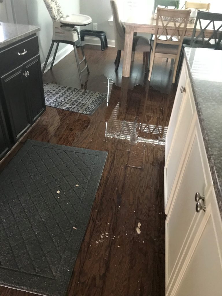 Water damage and wet flooring inside a home
